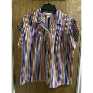 BLAIR Women's Vintage Multicolor Rainbow Striped Button Up Shirt - Size Medium